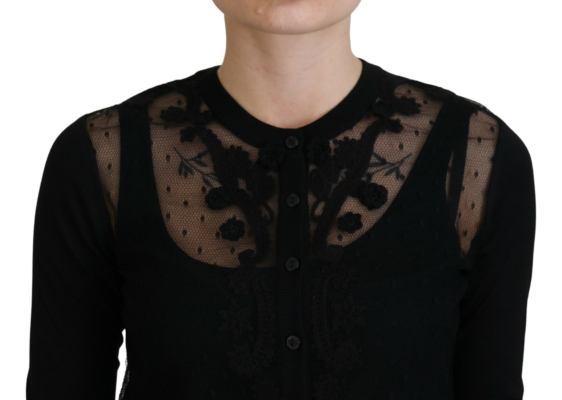 Elegante cárdigan de encaje floral negro