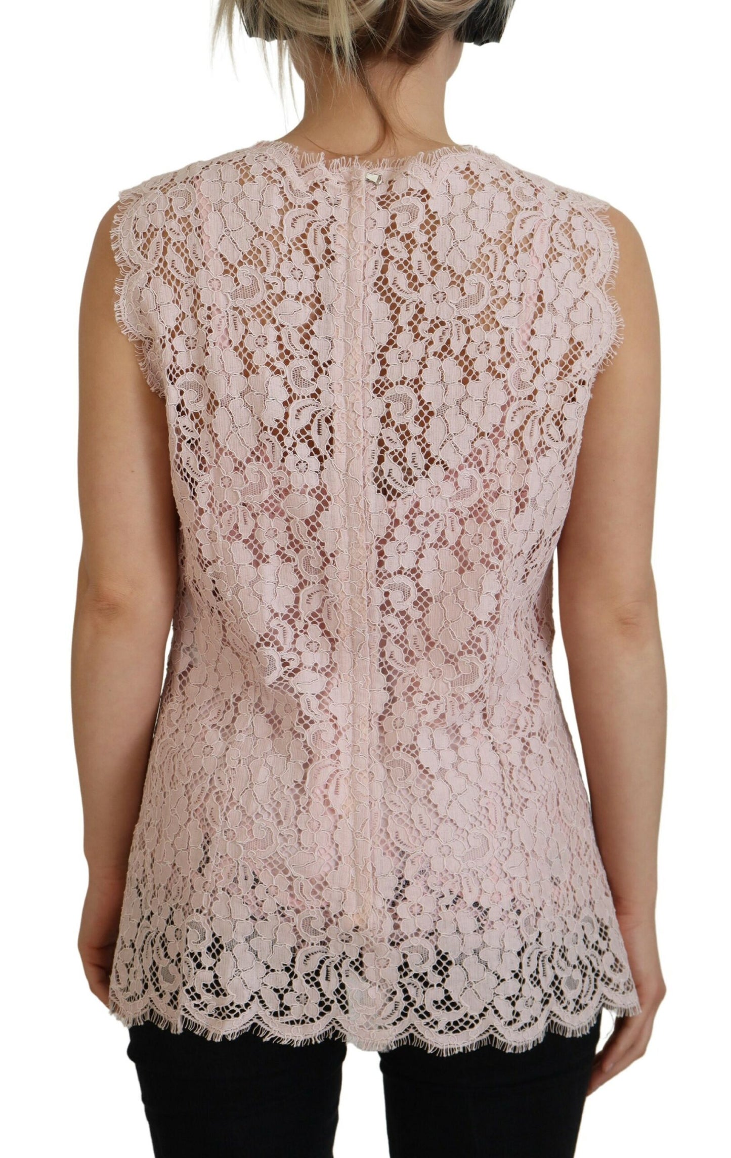 Elegante mouwloze blouse van transparant kant in roze