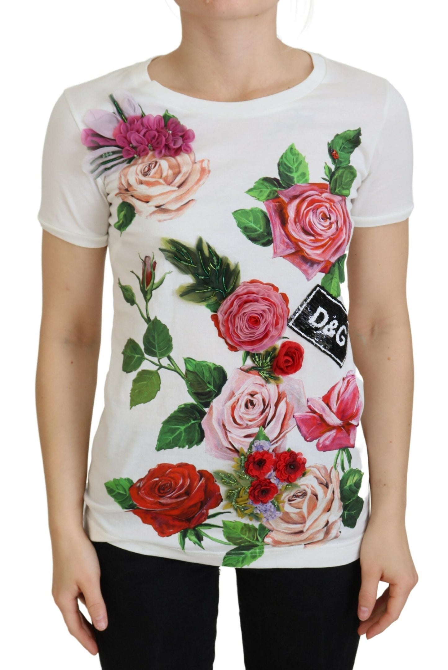 Elegant katoenen T-shirt met veelkleurige rozenprint