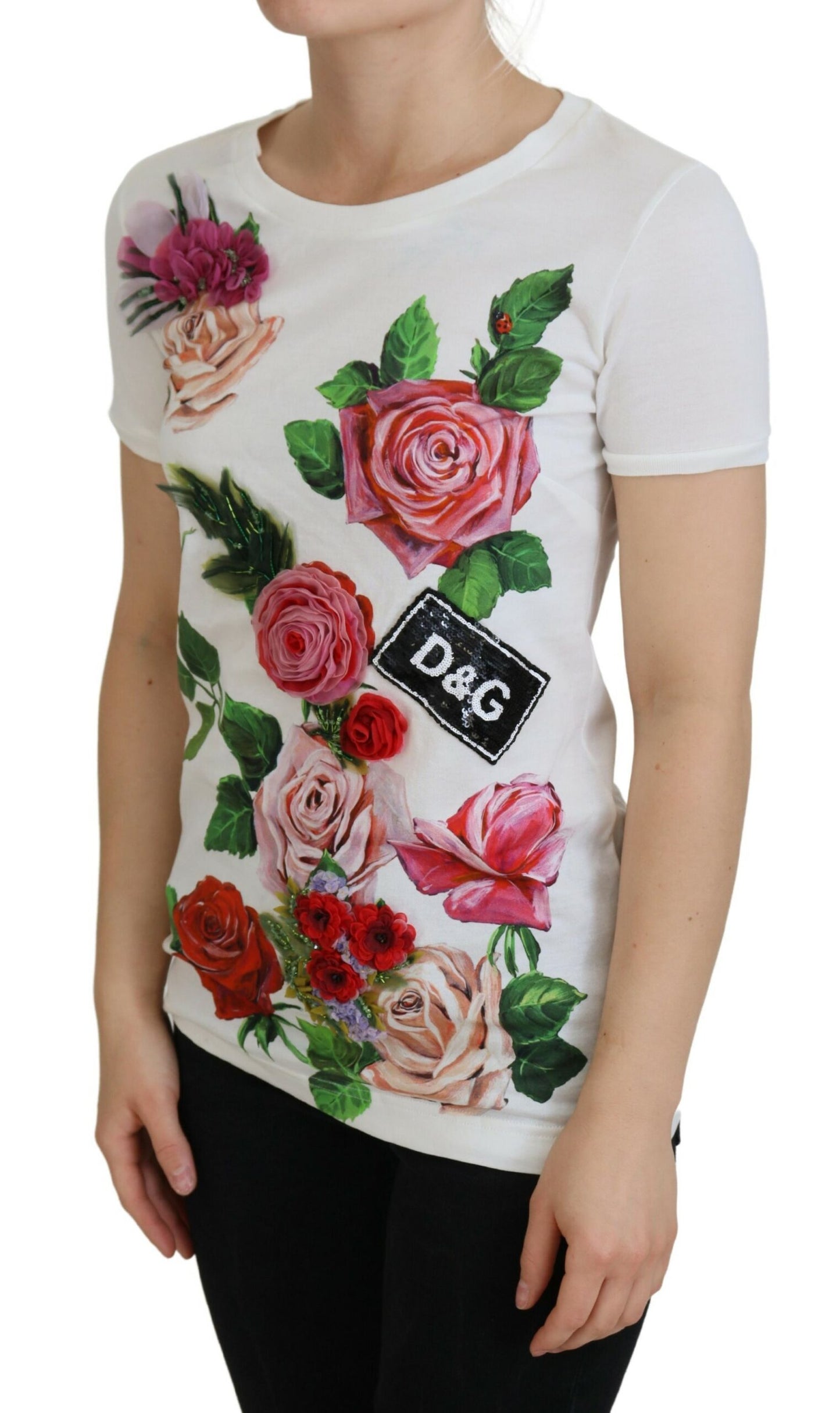 Elegant katoenen T-shirt met veelkleurige rozenprint