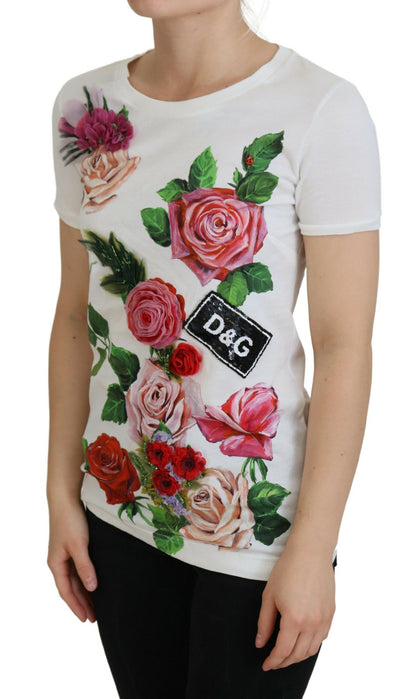 Elegante camiseta de algodón con estampado de rosas multicolores