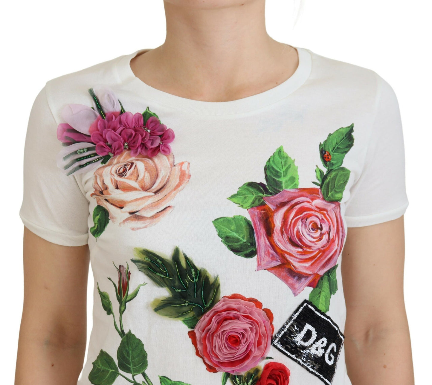 Elegante camiseta de algodón con estampado de rosas multicolores