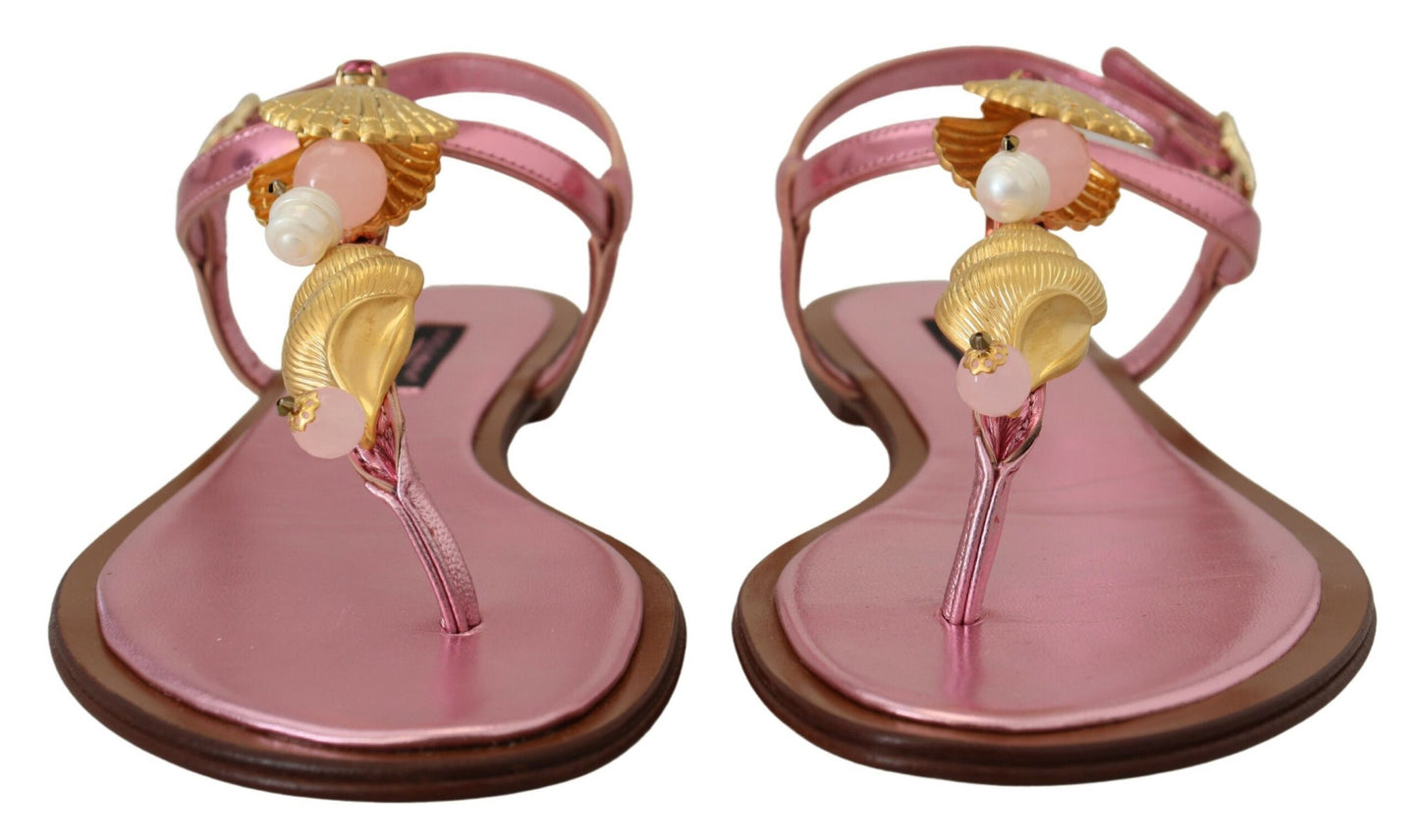 Chic Pink Leather Sandals with Exquisite Embellishment