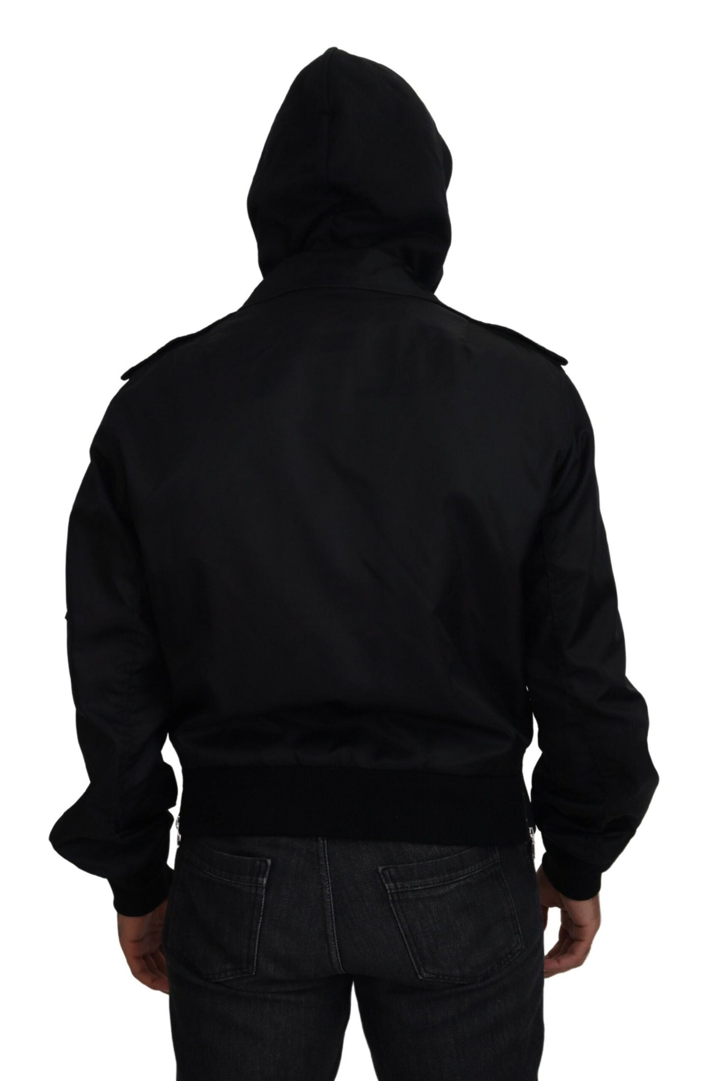 Sleek Black Hooded Bomber Jacket