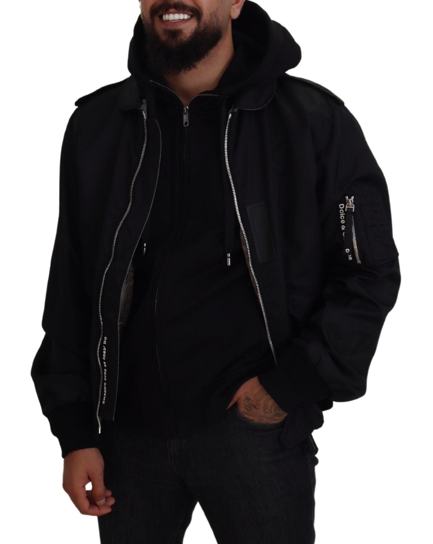 Sleek Black Hooded Bomber Jacket