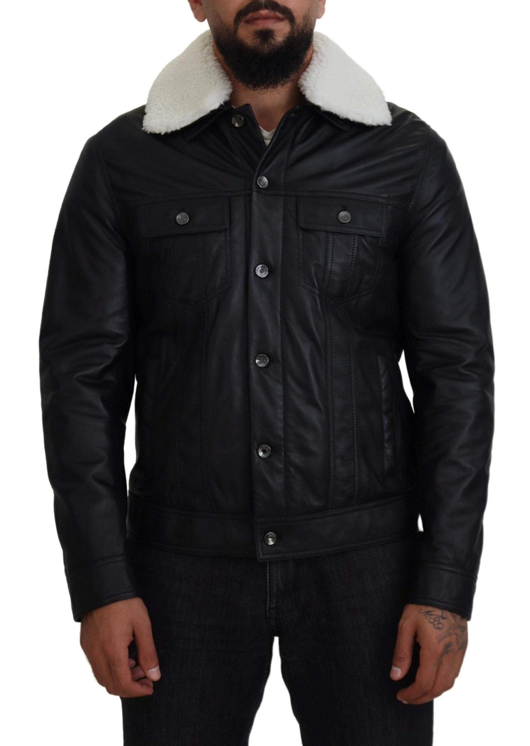 Elegant Black Leather Bomber Jacket