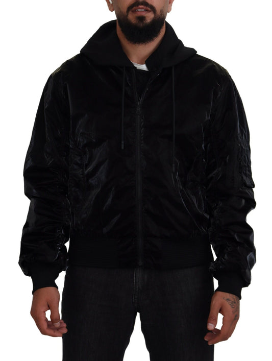 Elegante chaqueta bomber negra con capucha