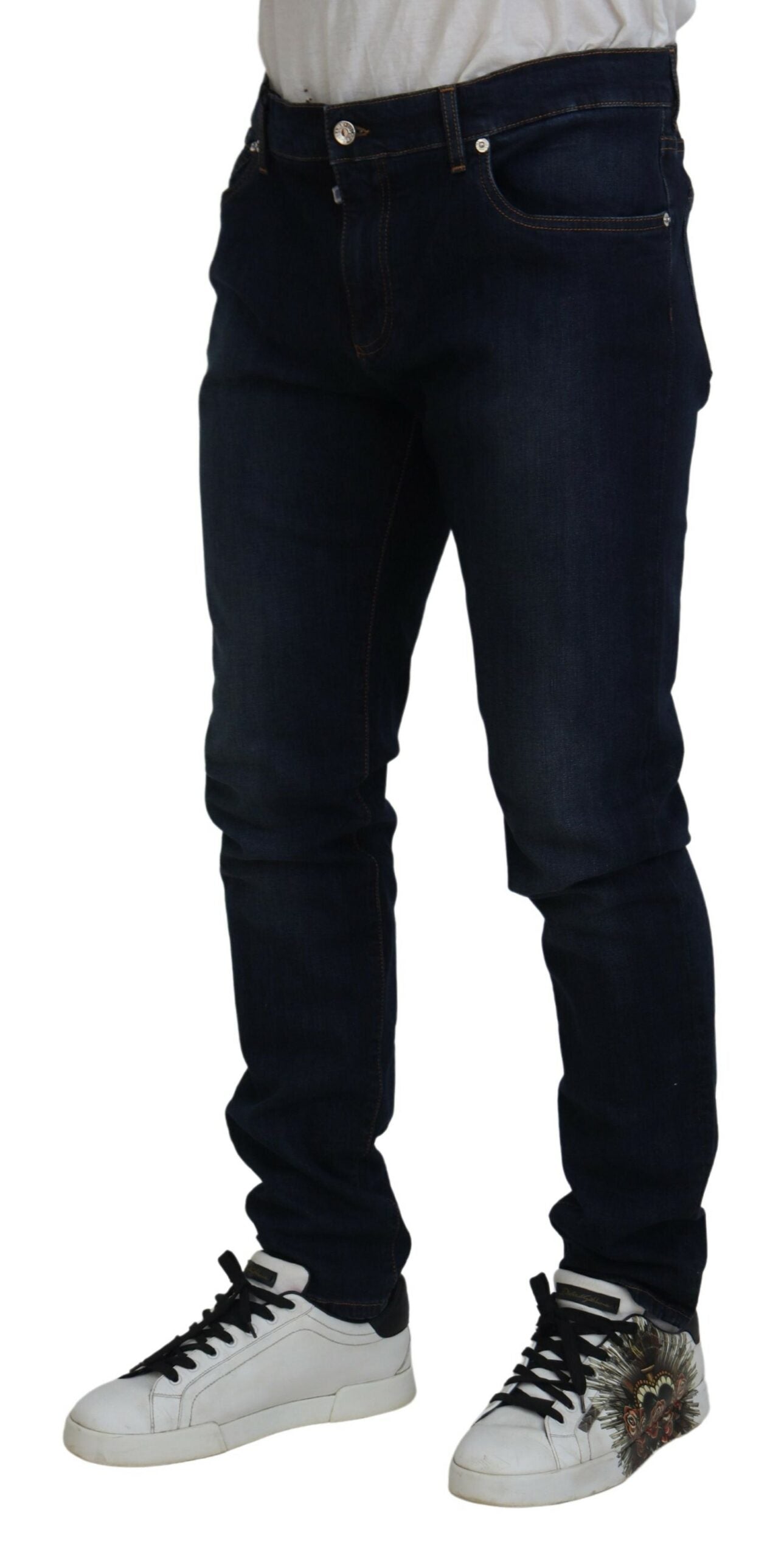 Donkerblauwe skinny denim jeans met stretch van katoen