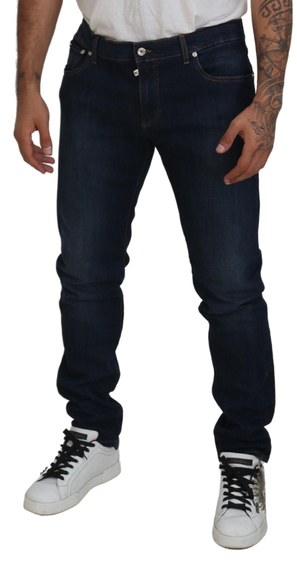 Donkerblauwe skinny denim jeans met stretch van katoen