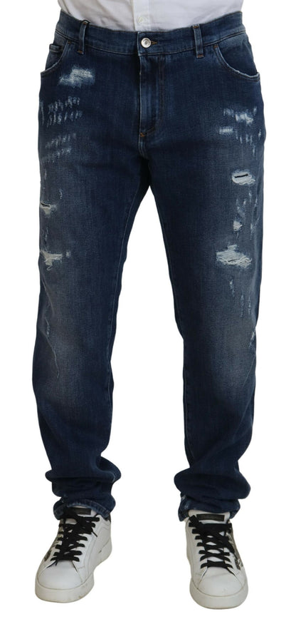 Blauwe gescheurde katoenen stretch slanke denim jeans