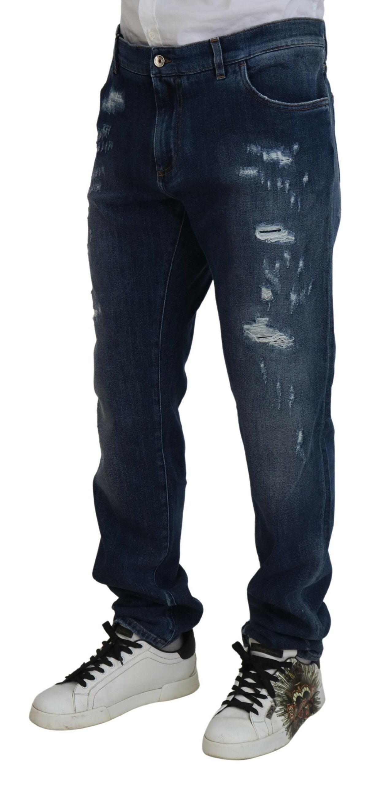 Blauwe gescheurde katoenen stretch slanke denim jeans