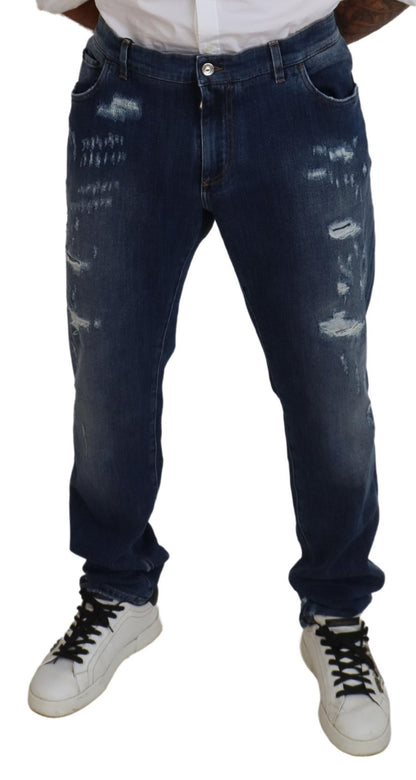 Blauwe gescheurde katoenen stretch slanke denim jeans