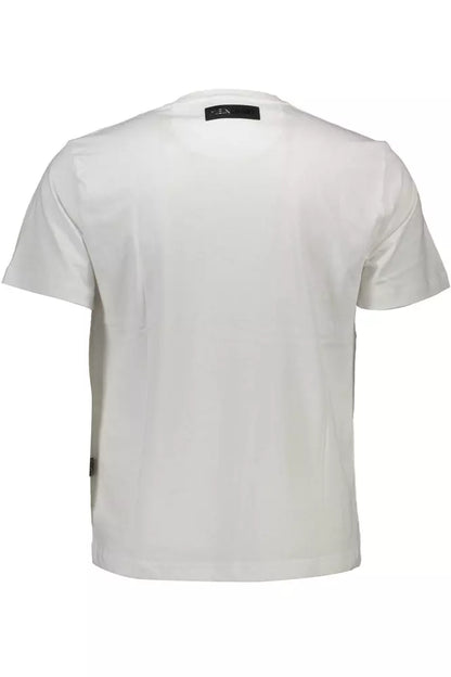 Camiseta blanca prístina con cuello redondo y logo