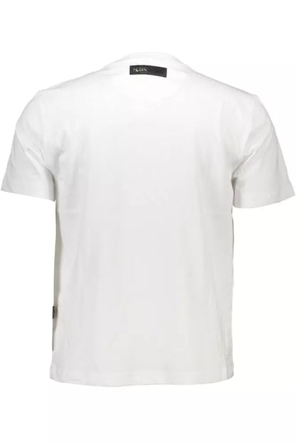 Sleek White Cotton Crew Neck Tee with Contrasting Details