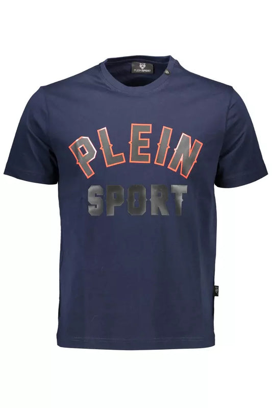 Camiseta deportiva azul con cuello redondo y detalle de logo