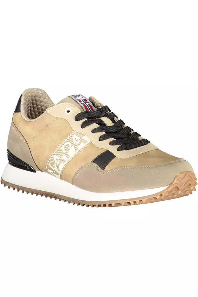 Beige Lace-Up Sports Sneakers with Logo Accent