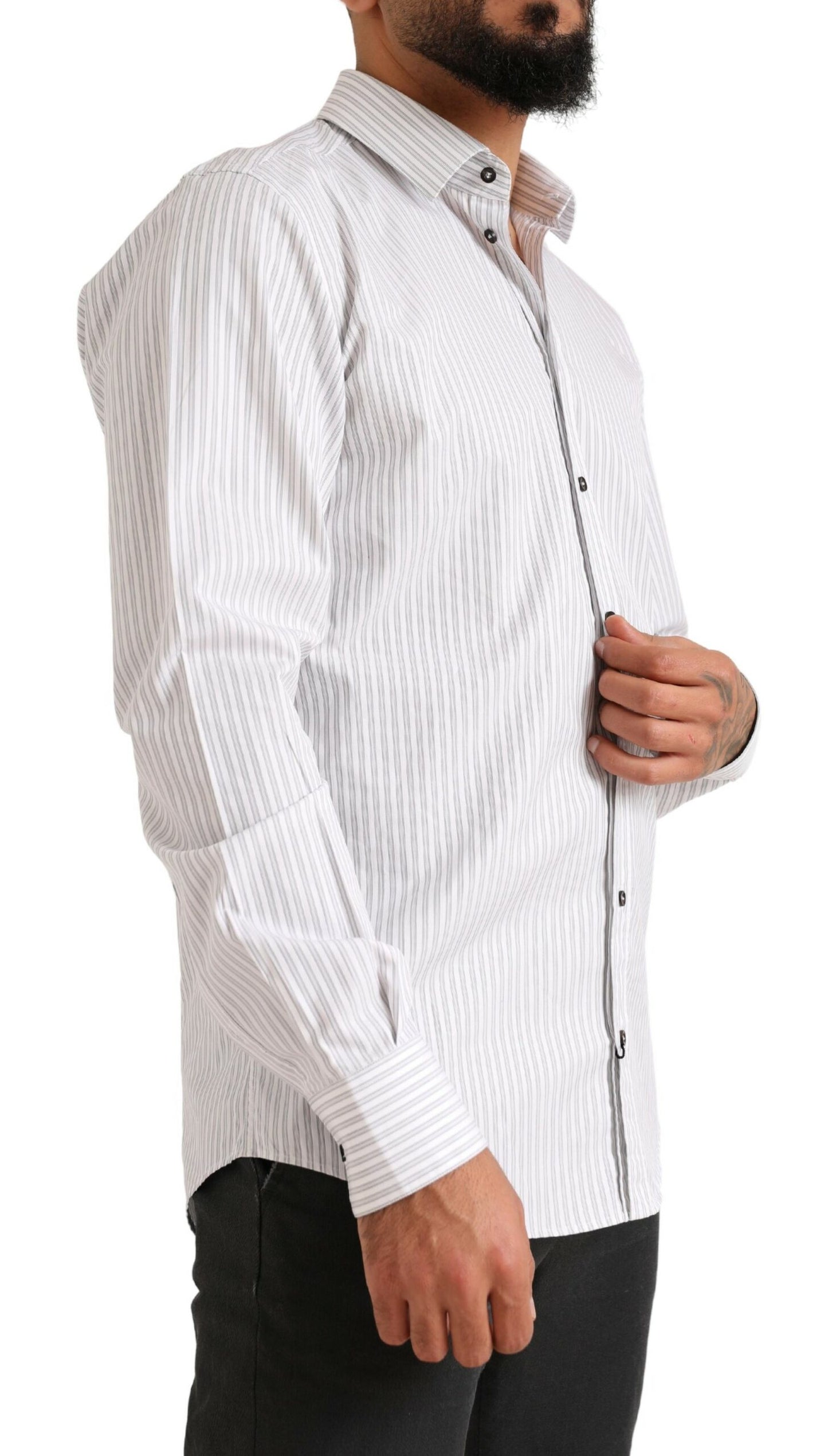 Elegant White Striped Cotton Dress Shirt