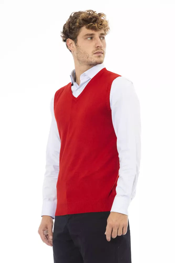 Elegante chaleco rojo con cuello en V en punto de canalé fino