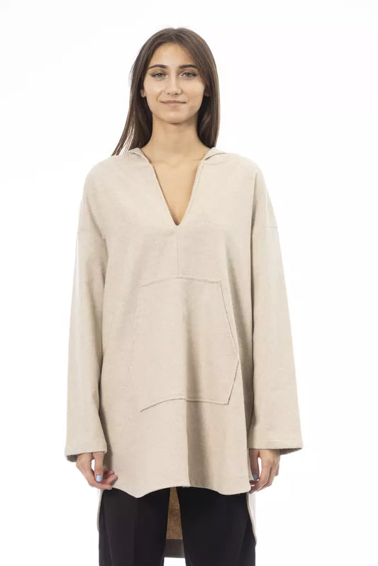 Beige Wool Women Sweater with Hood