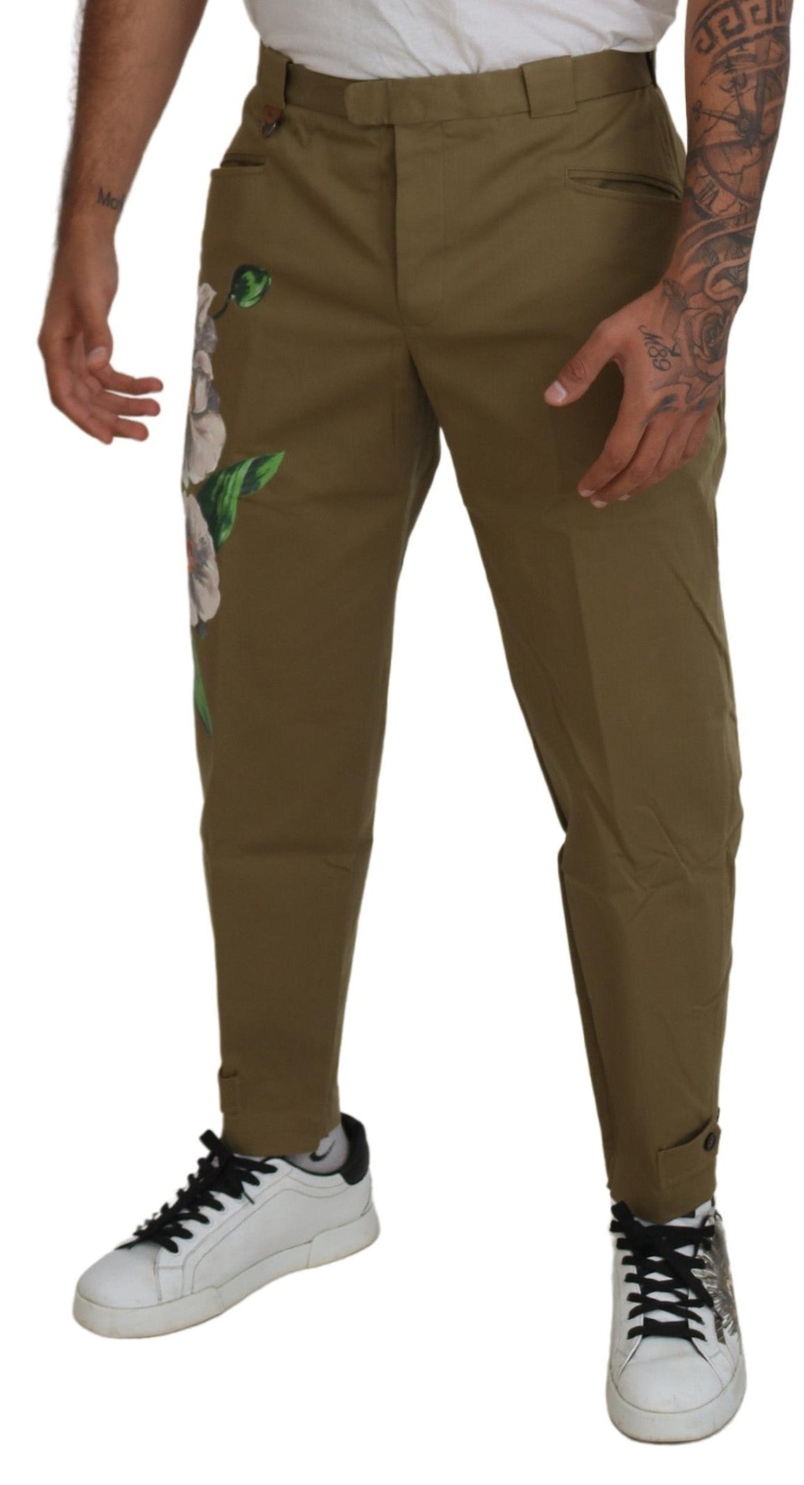 Exquisitos pantalones chinos florales en beige