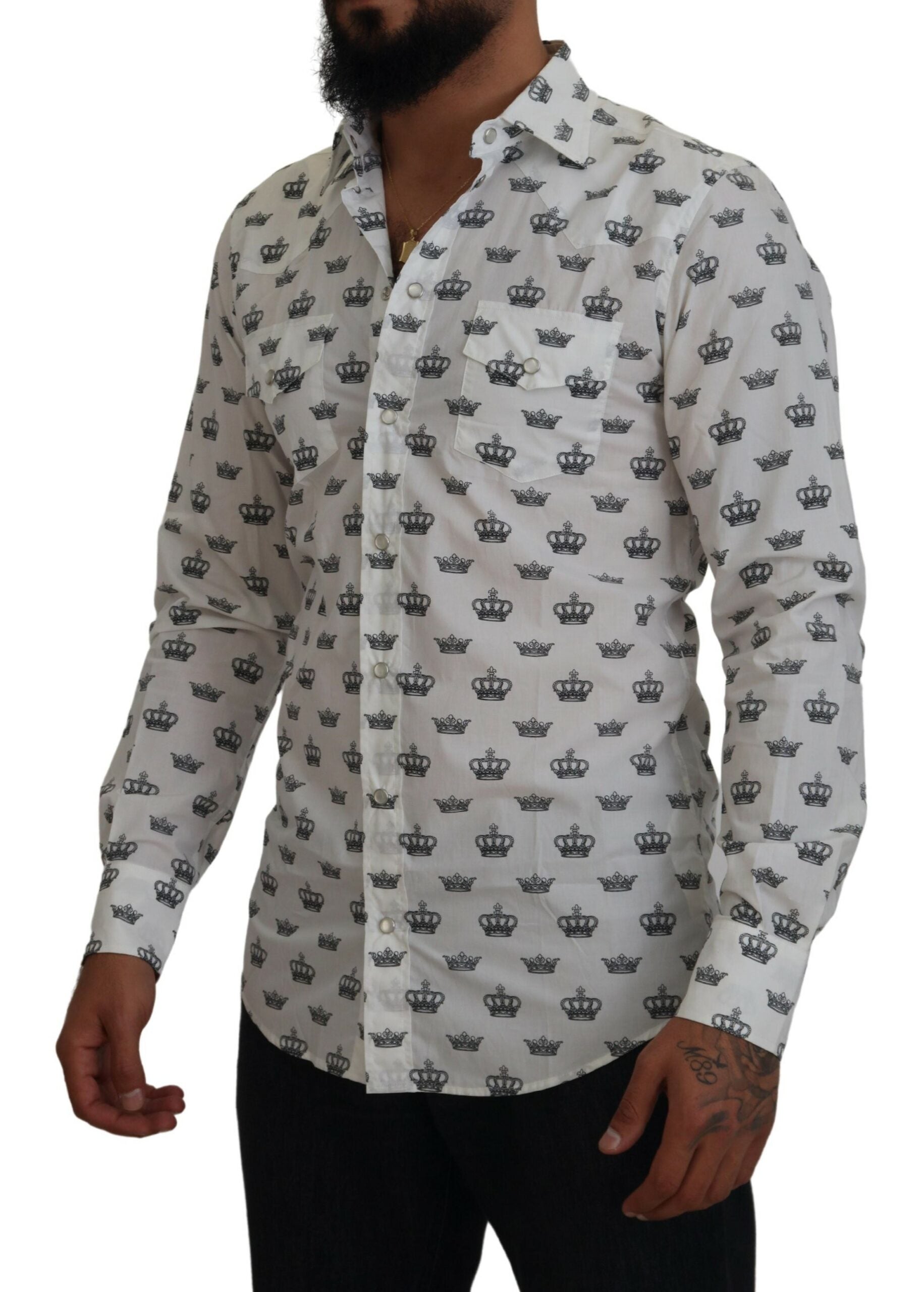 Wit katoenen slim-fit overhemd met kroonprint