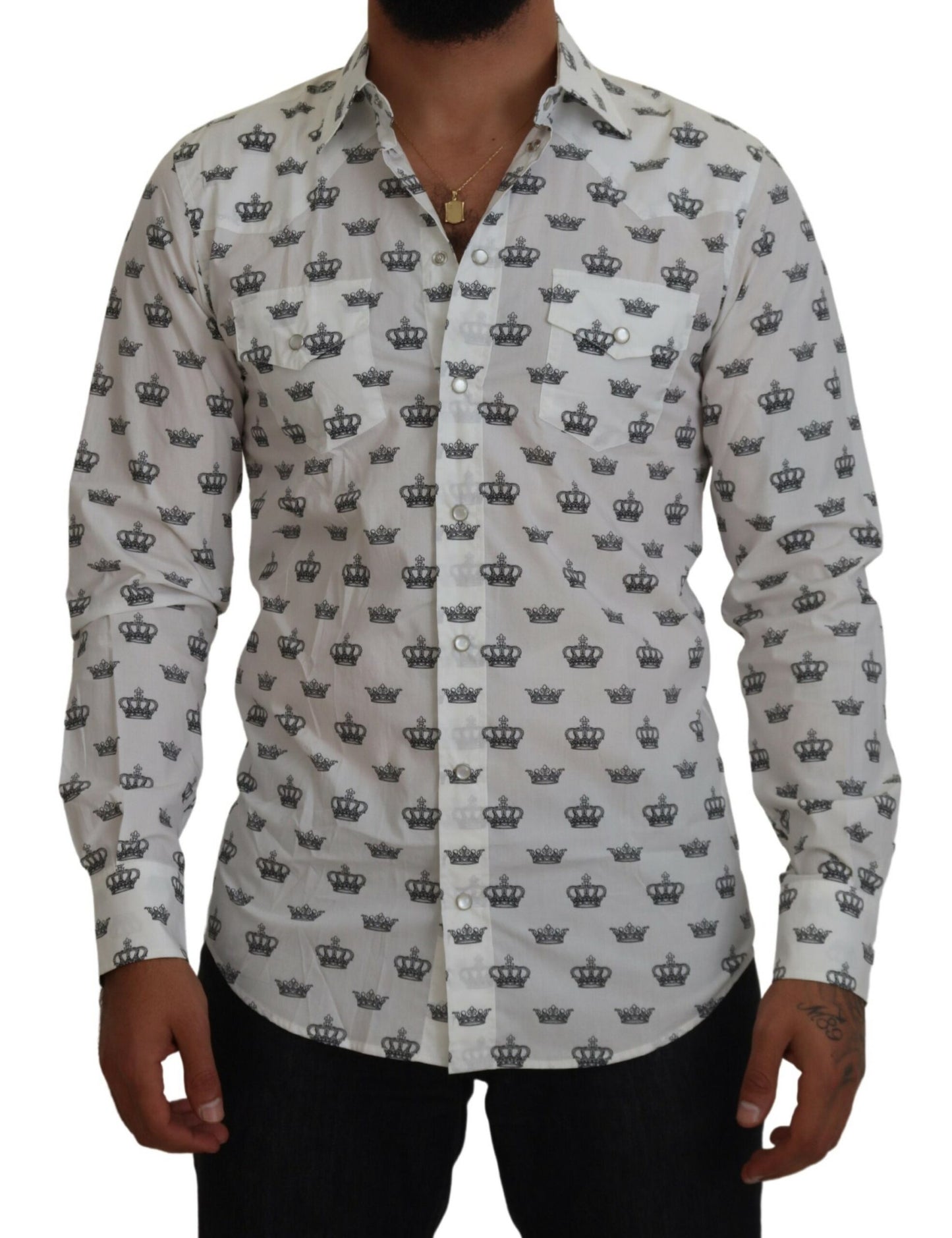 Wit katoenen slim-fit overhemd met kroonprint