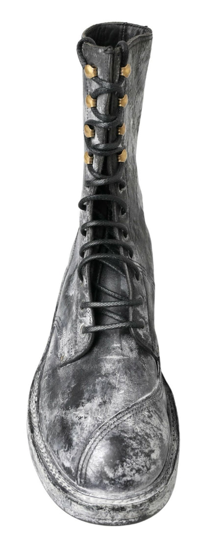 Chic Black Lace-Up Boots with Gray White Fade