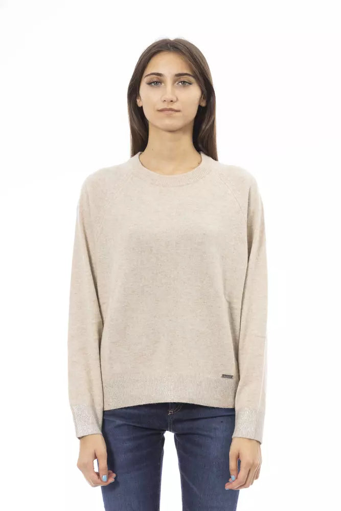 Elegante suéter beige con cuello redondo para mujer