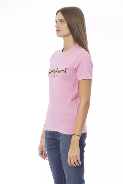 Camiseta rosa elegante de algodón con cuello redondo