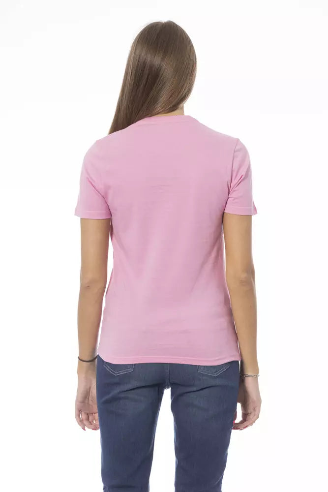 Camiseta rosa elegante de algodón con cuello redondo