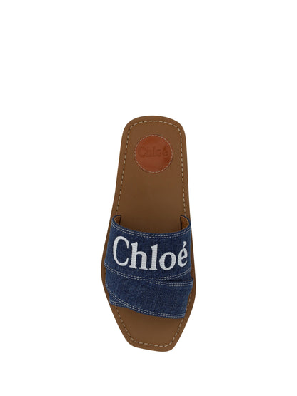 Weelderige katoenen Woody-slipsandalen in denimblauw