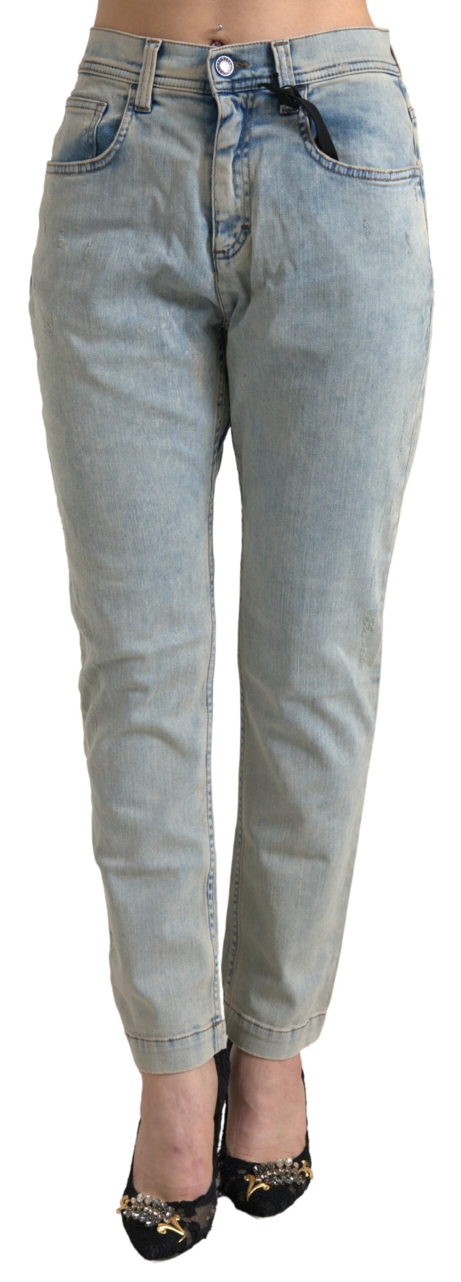 Blauw gewassen katoenen skinny jeans met middelhoge taille