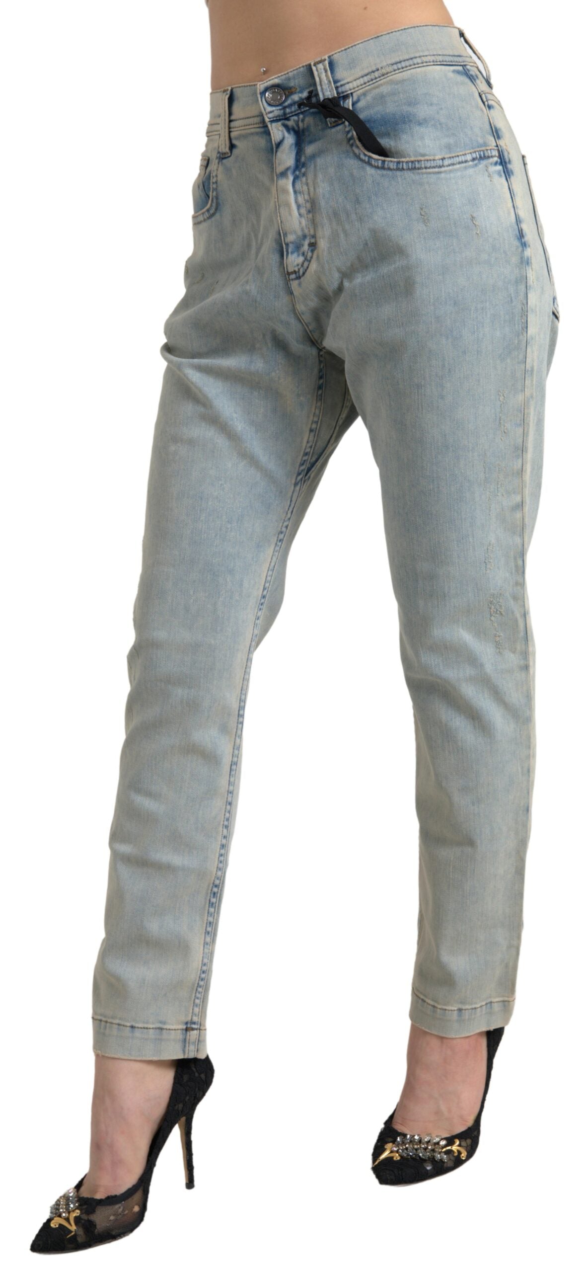 Blauw gewassen katoenen skinny jeans met middelhoge taille