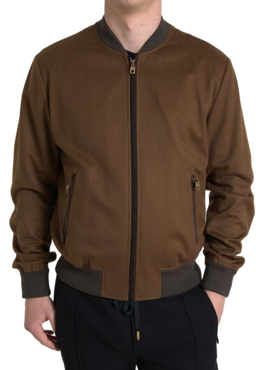 Elegant Brown Cashmere Bomber Jacket