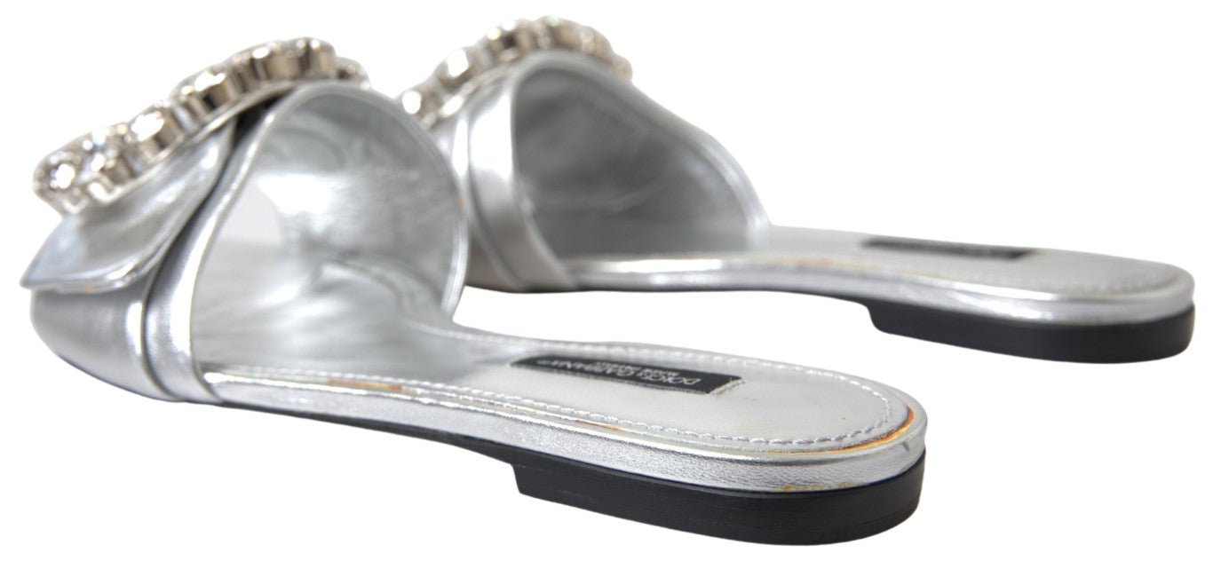 Crystal-Embellished Silver Leather Slides