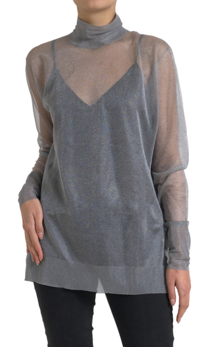 Elegante top de malla de manga larga gris