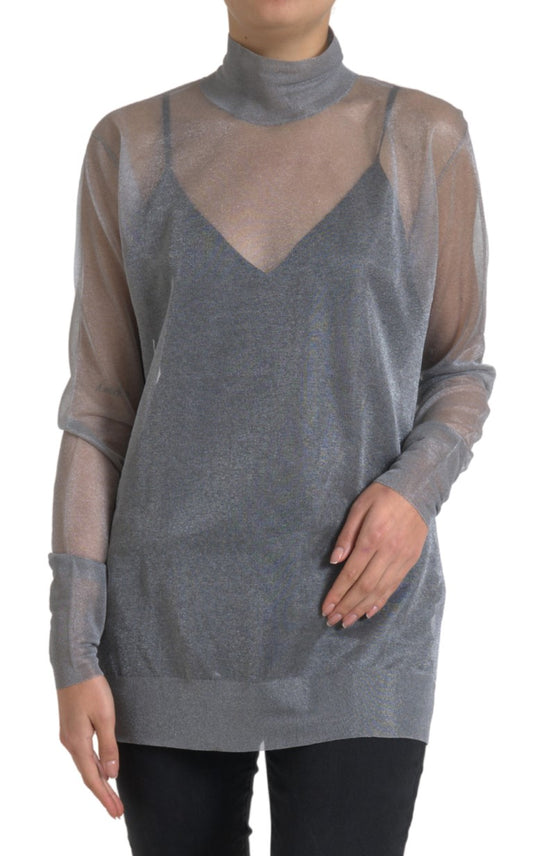 Elegante top de malla de manga larga gris