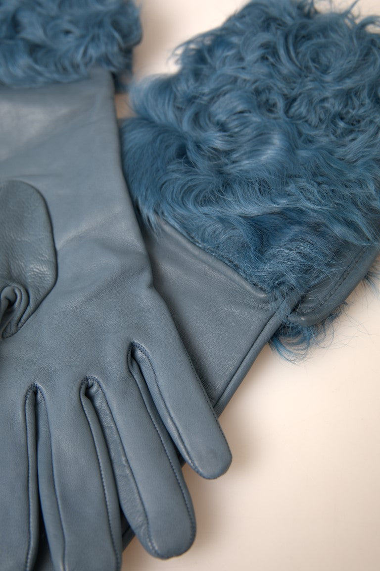 Elegantes guantes de cuero azul con ribete de piel