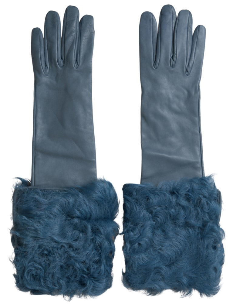 Elegantes guantes de cuero azul con ribete de piel