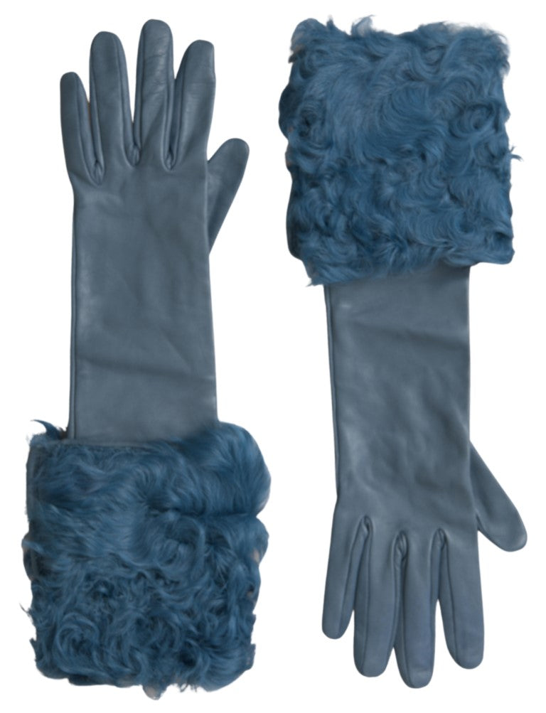 Elegantes guantes de cuero azul con ribete de piel