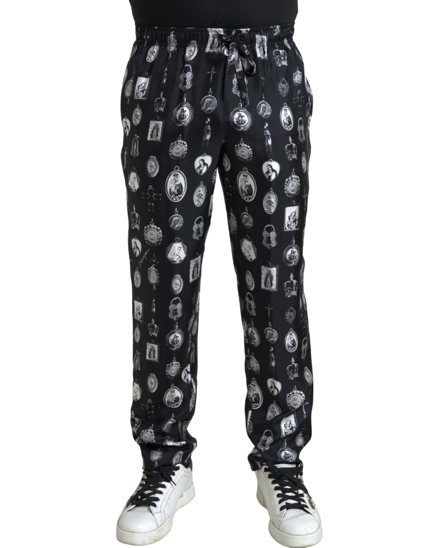 Elegante zijden joggingbroek met religieuze print