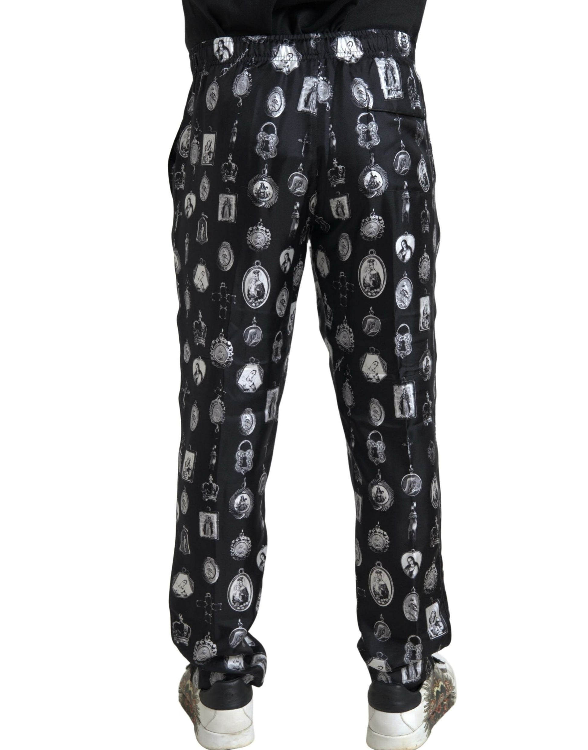 Pantalón jogging de seda elegante con estampado religioso