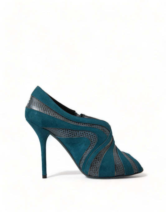 Blauwgroen suède pumps met peeptoe-hakken