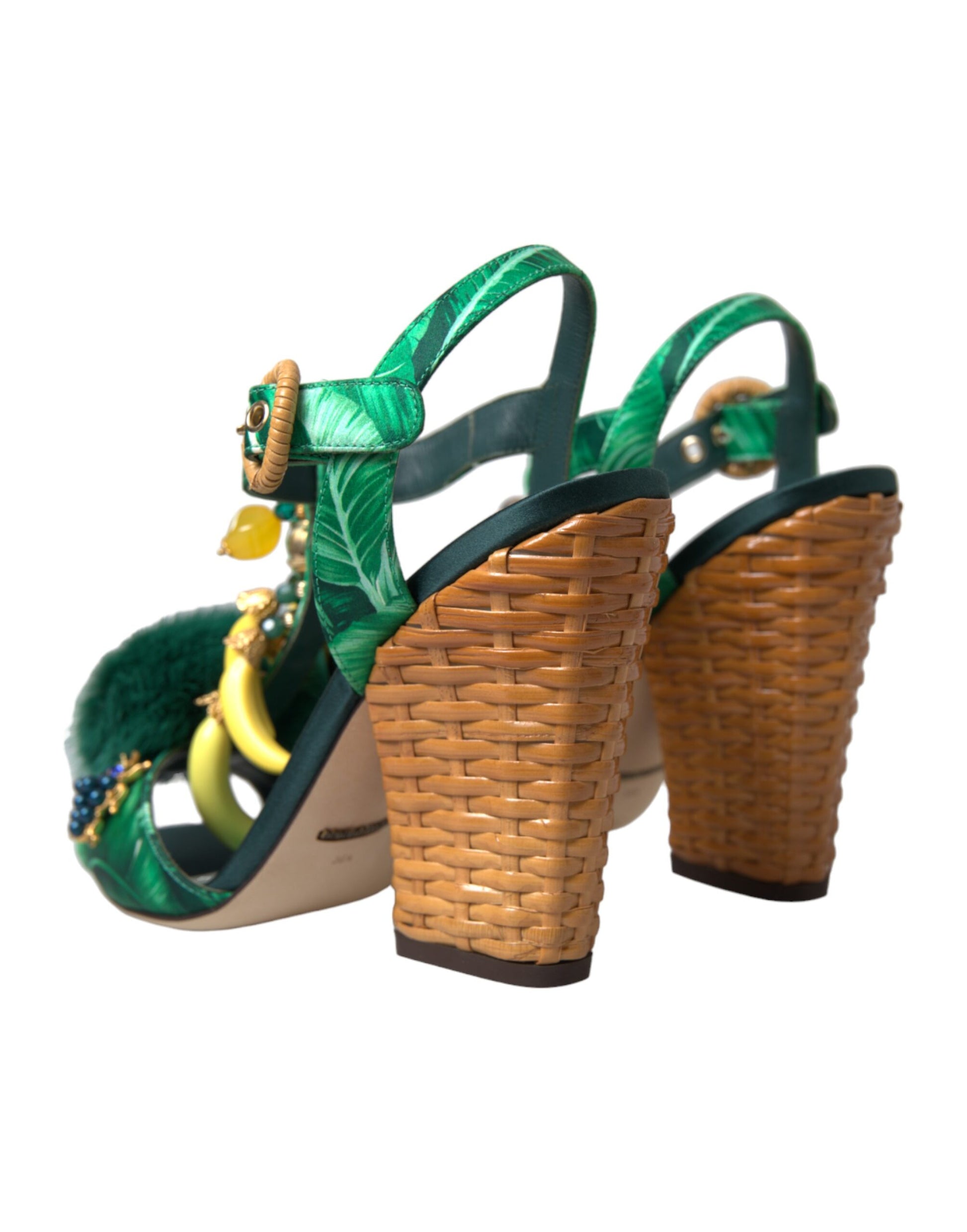 Sandalen met groene kristallen nertsbont en T-band