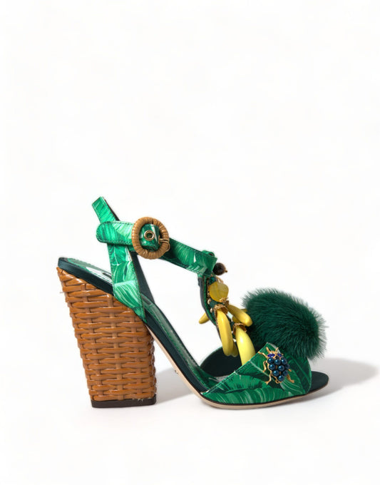 Sandalen met groene kristallen nertsbont en T-band