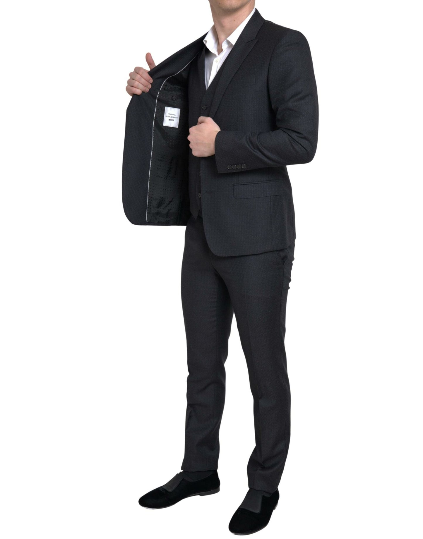 Elegante traje negro de 3 piezas de corte slim Martini