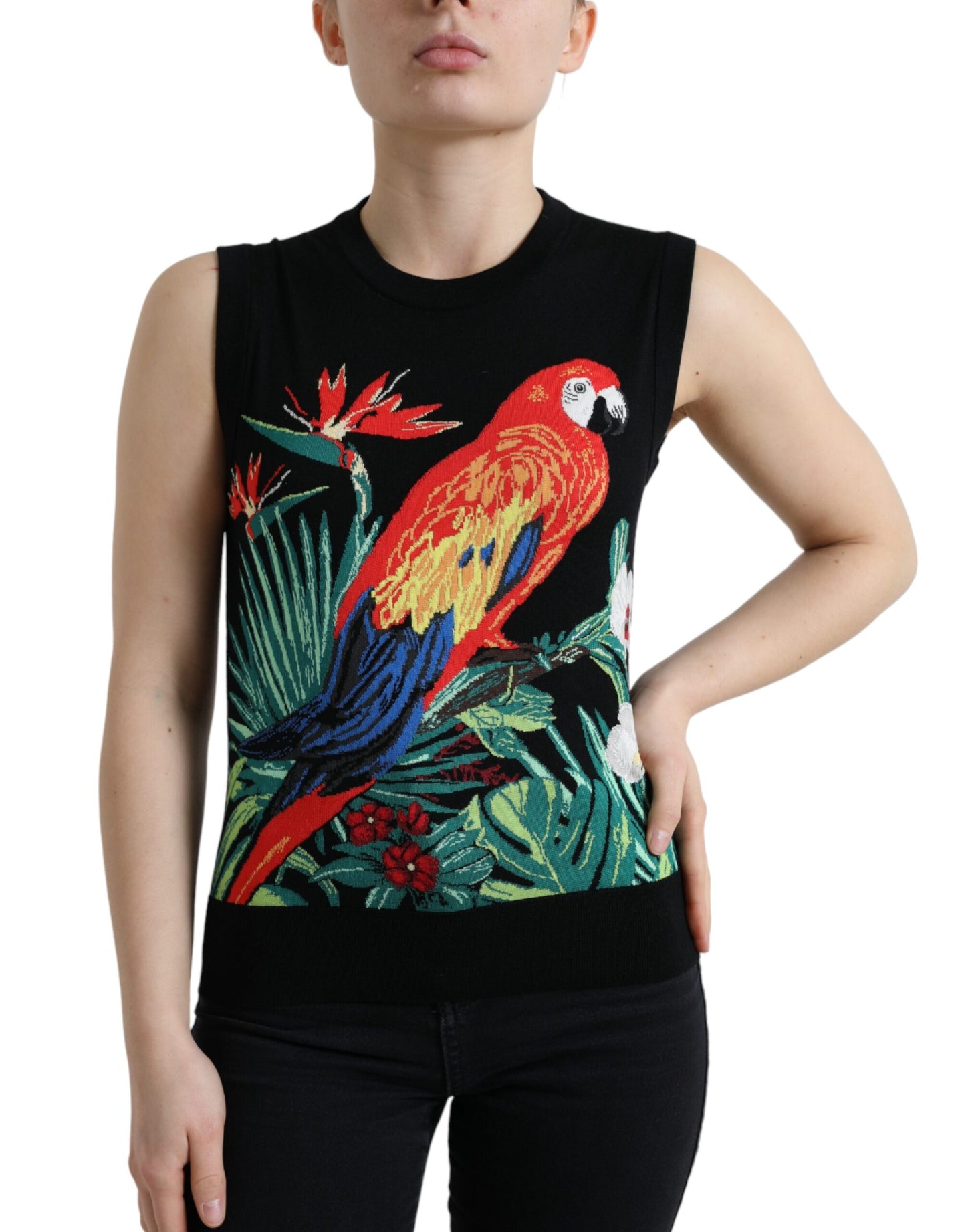 Elegante camiseta sin mangas de lana y seda con cuello redondo y bordado de pájaros