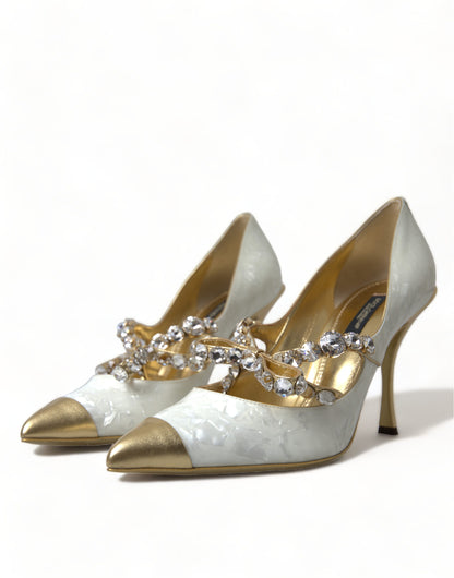 Elegantes tacones con lazo de cristal de charol blanco