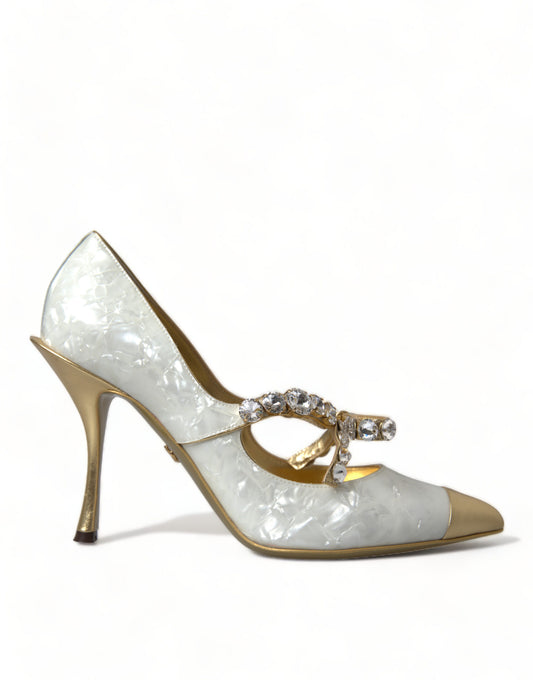 Elegantes tacones con lazo de cristal de charol blanco