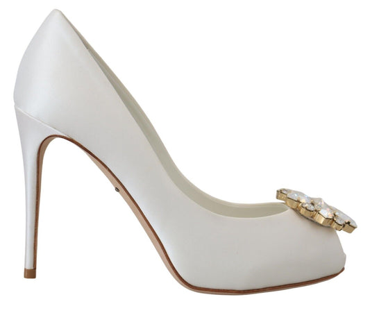 Witte kristallen peep toe hak satijnen pumps